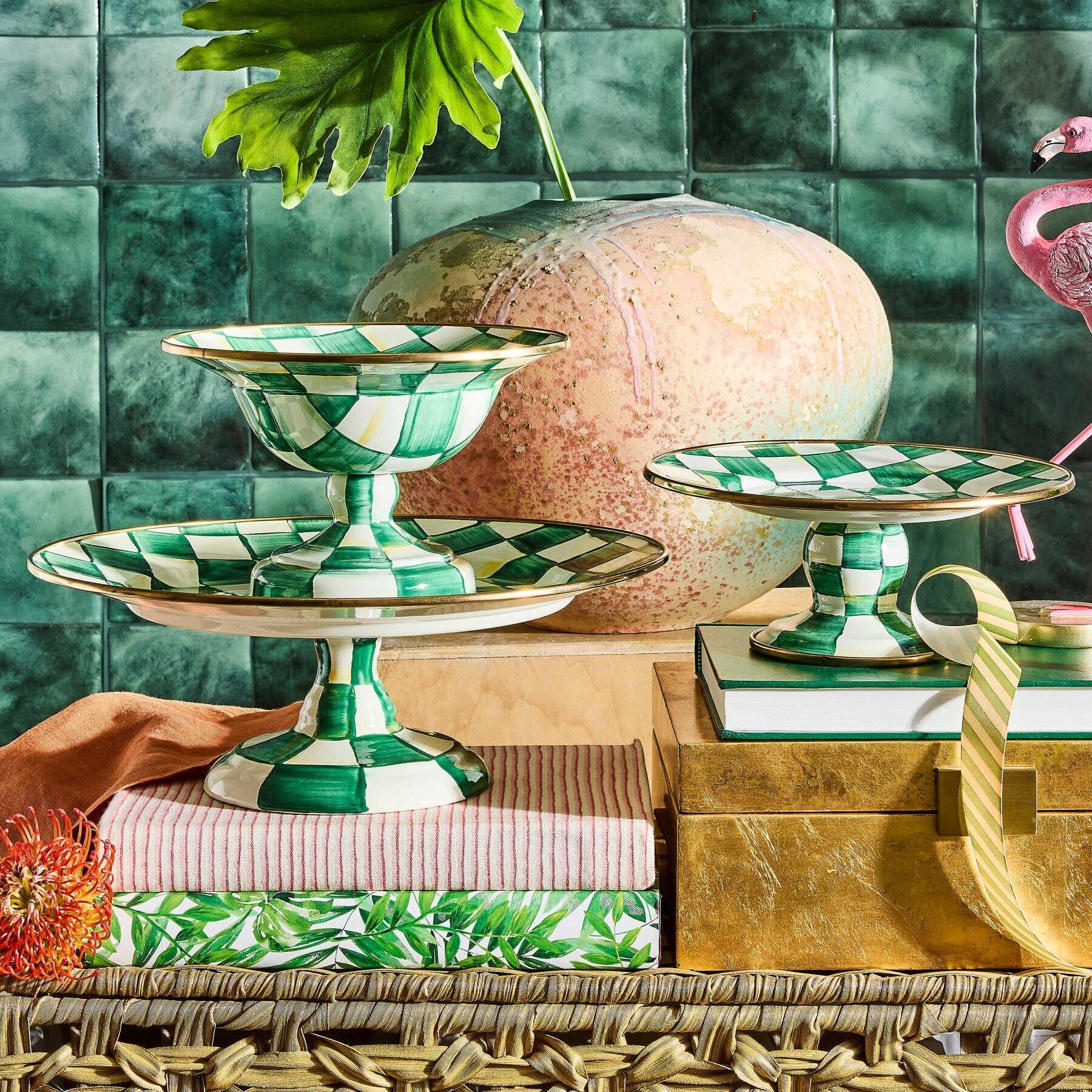 Emerald Check Small Pedestal Platter