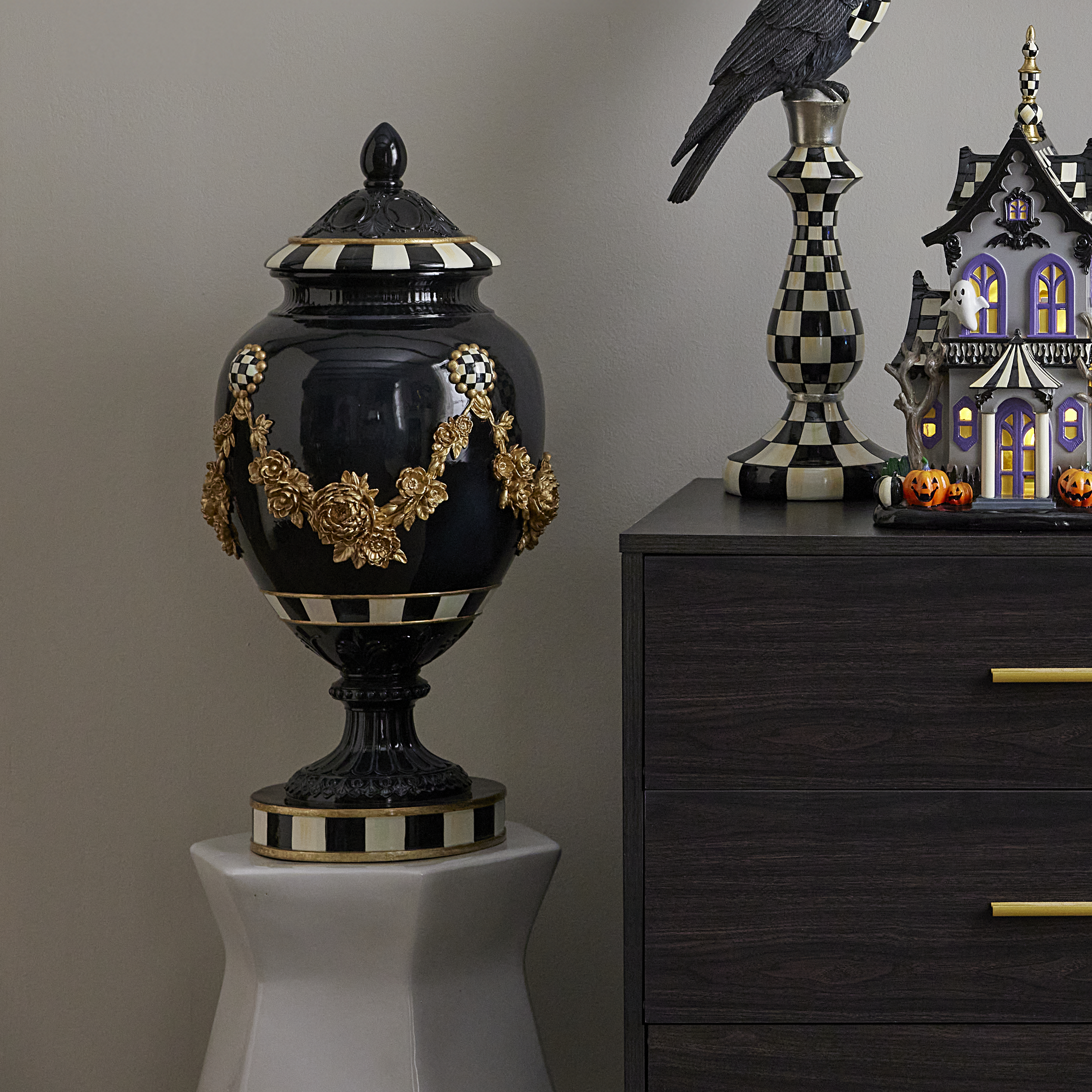 Haunted House Gold Floral Black Pedestal Urn