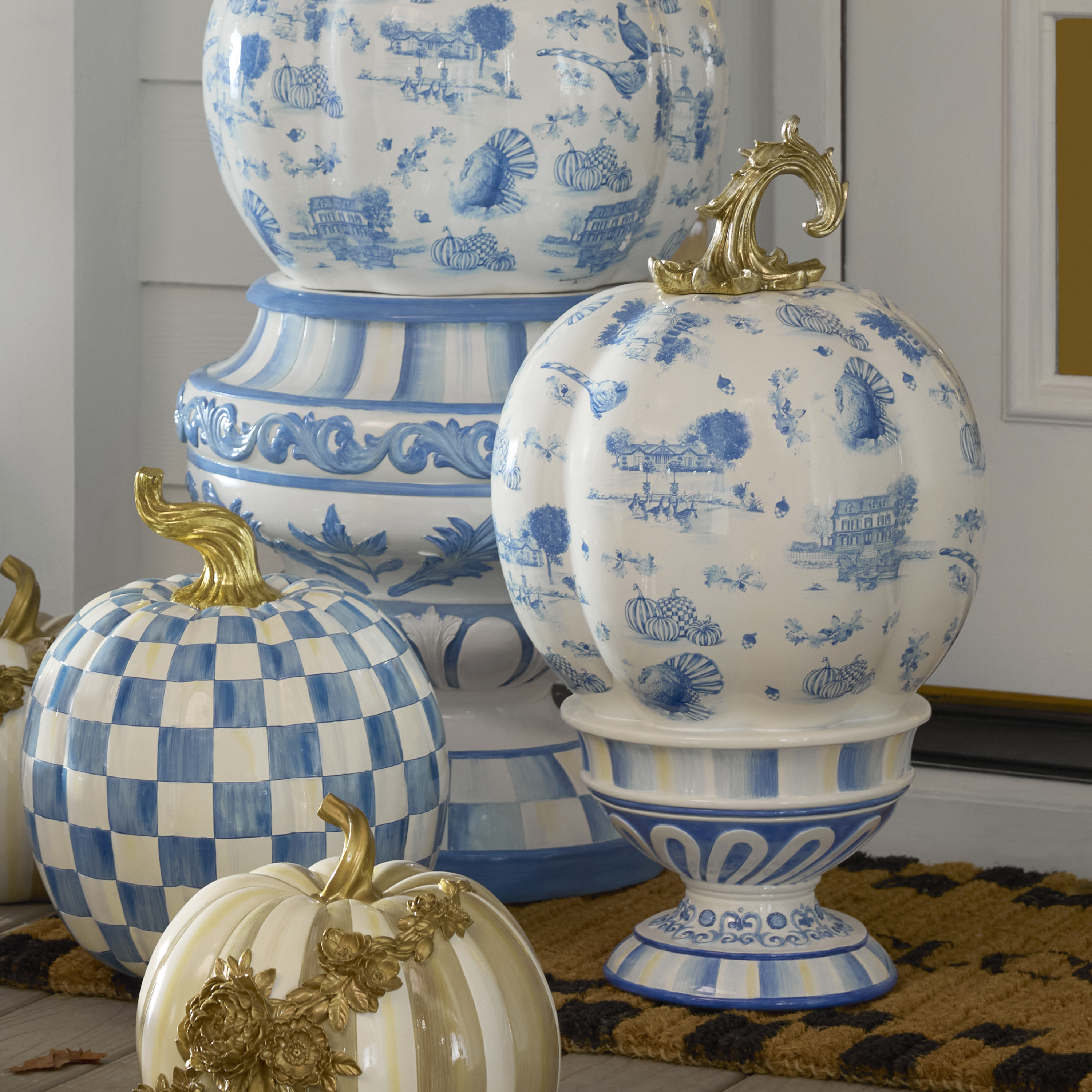 Royal Autumn Toile Tall Pedestal Pumpkin