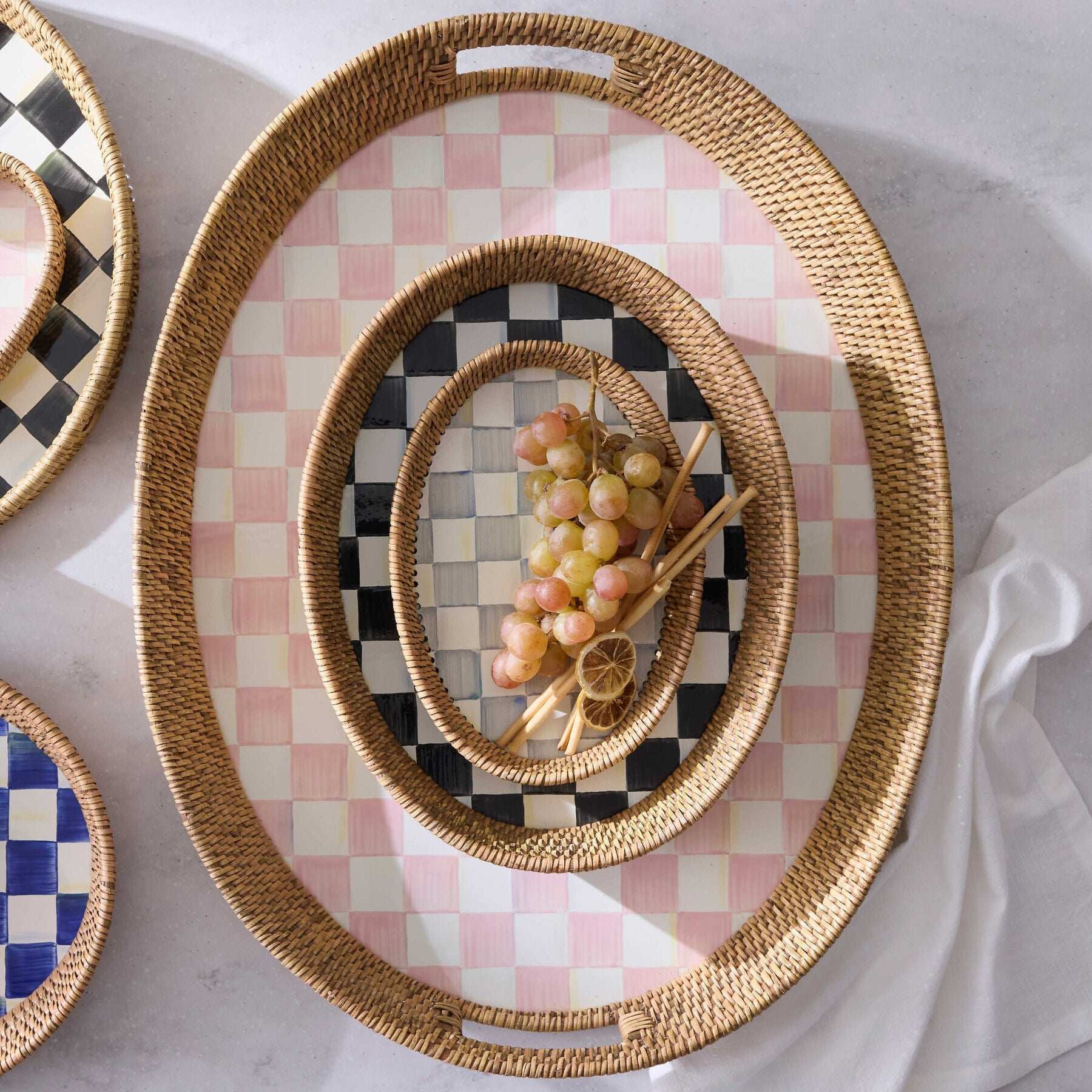 Courtly Check Large Enamel & Rattan Serving Tray