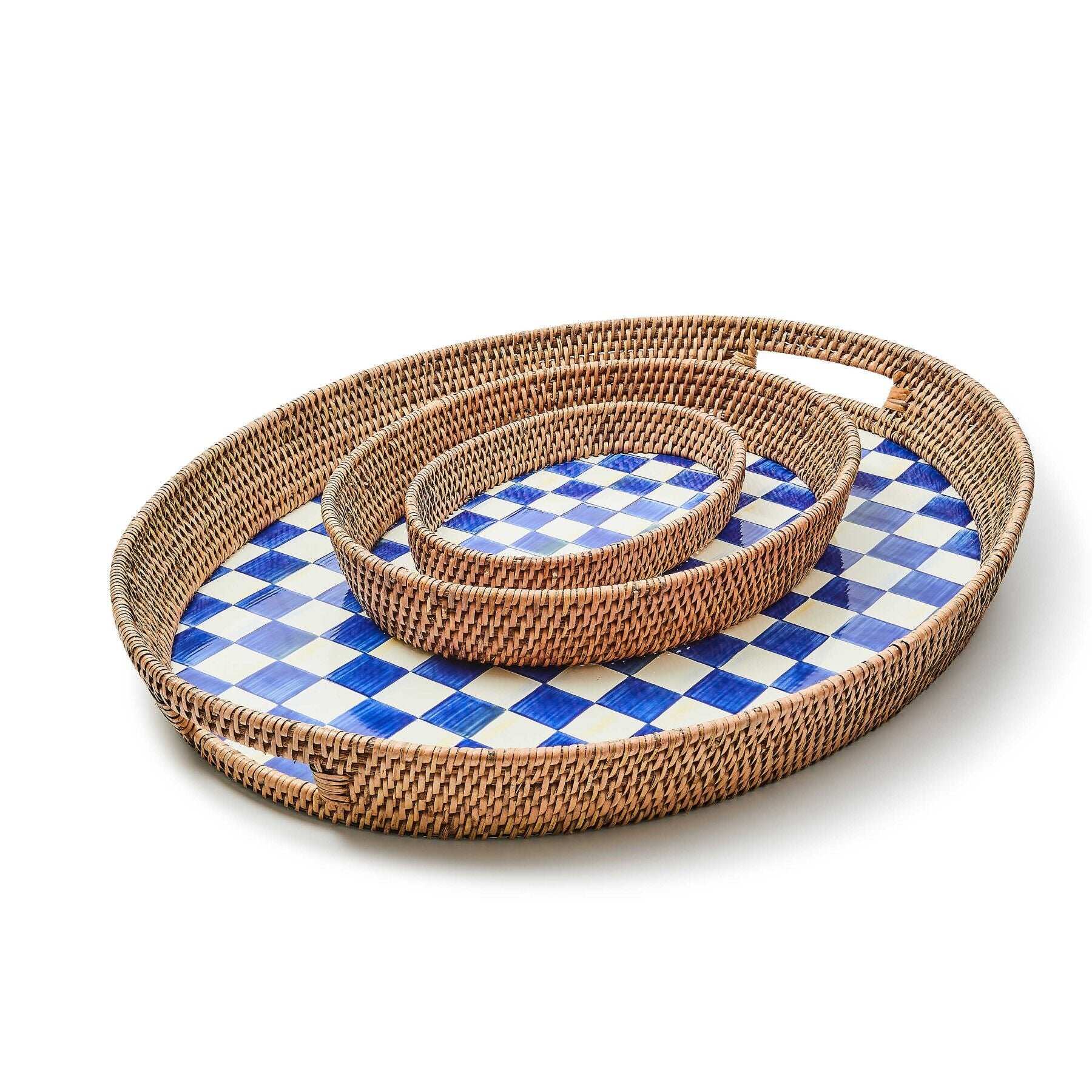 MacKenzie-Childs Royal Check Blue Enamel & Rattan Party Tray
