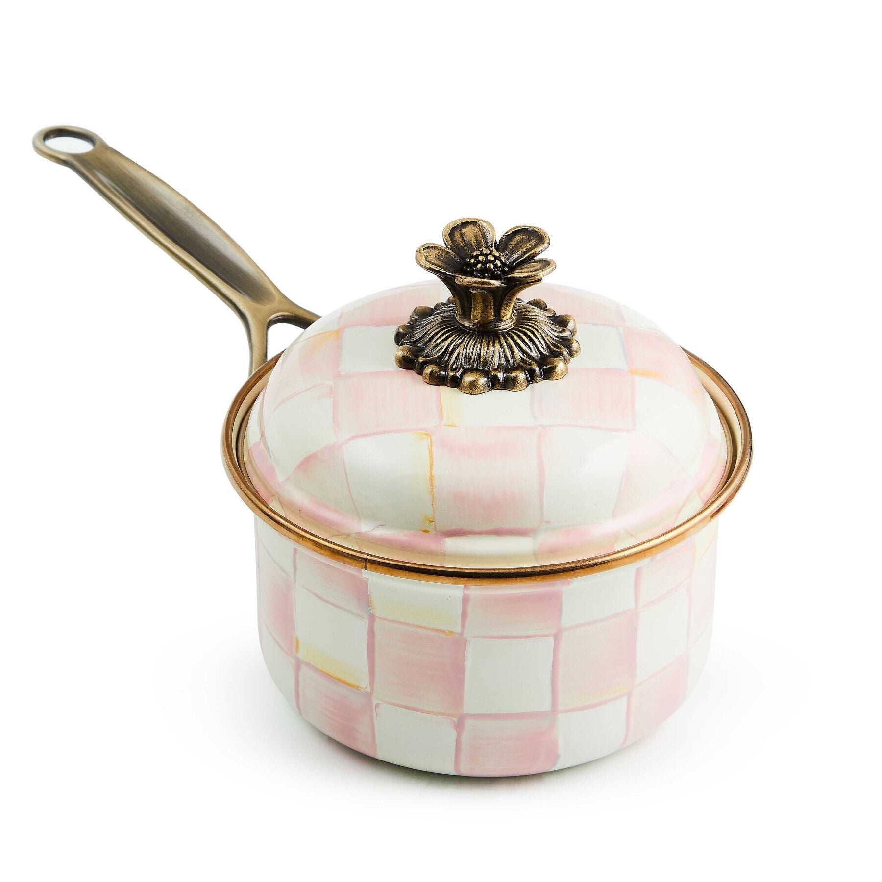 Mackenzie-Childs Rosy Check Enamel 1 Qt. Saucepan