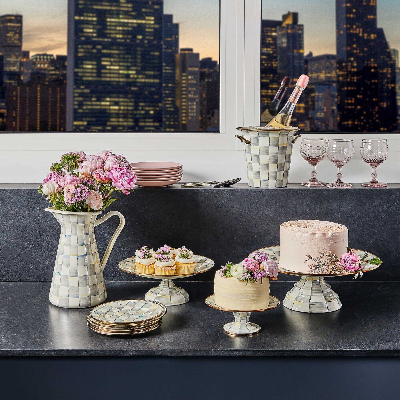 Luxury Dining Sterling Check Enamel Pedestal Platter - Small