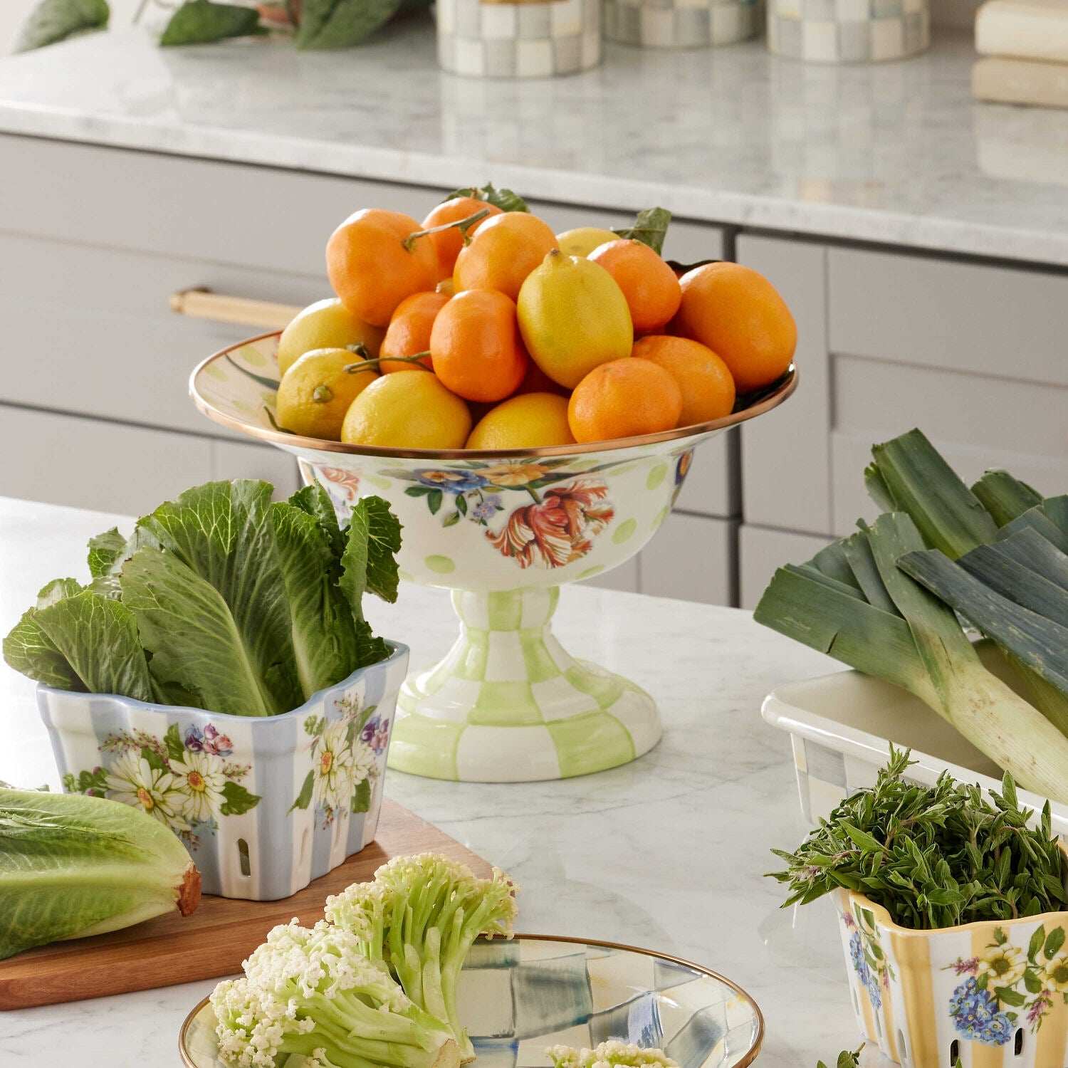 MacKenzie-Childs Wildflowers Green Large Compote