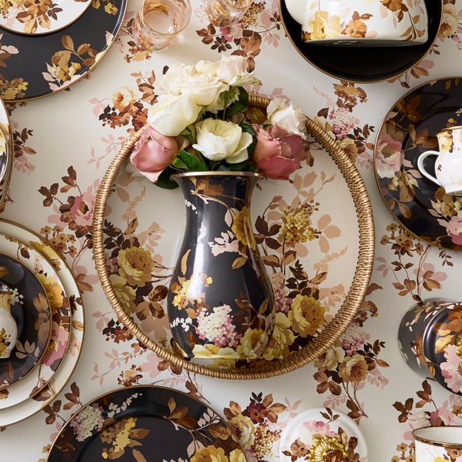 Wild Rose White Enamel & Rattan Round Serving Tray