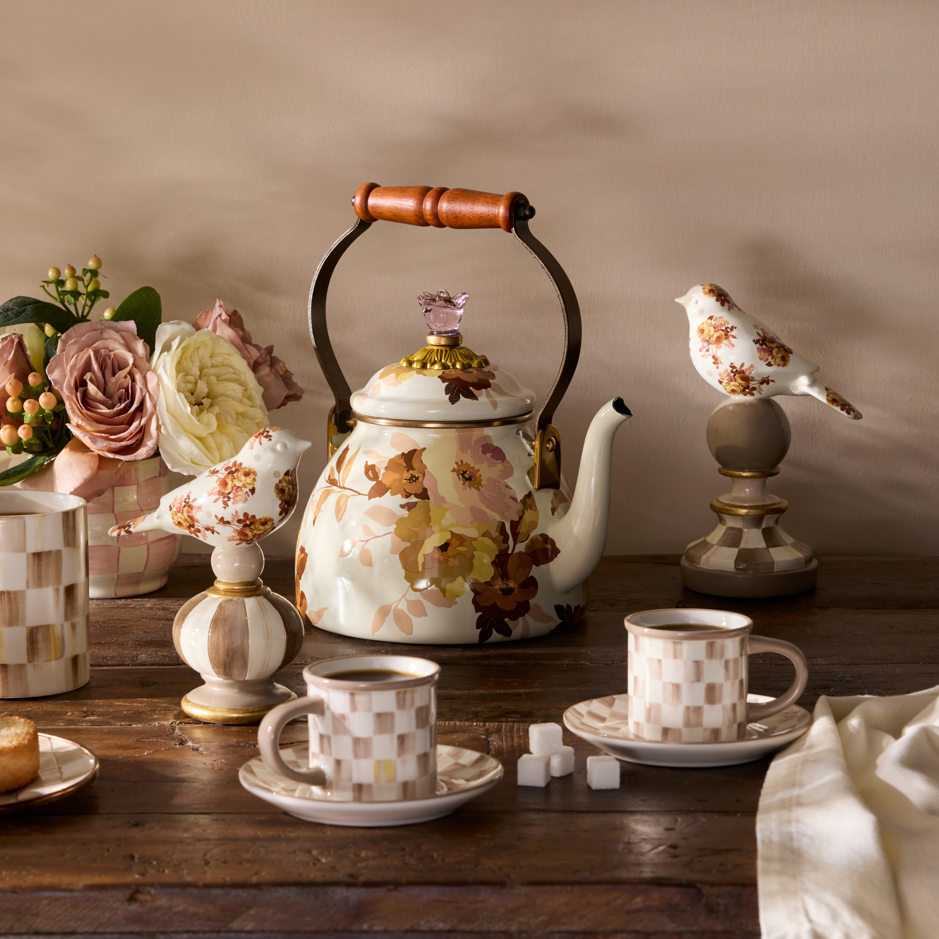 Mocha Wild Rose Bird Topiaries, Set of 2