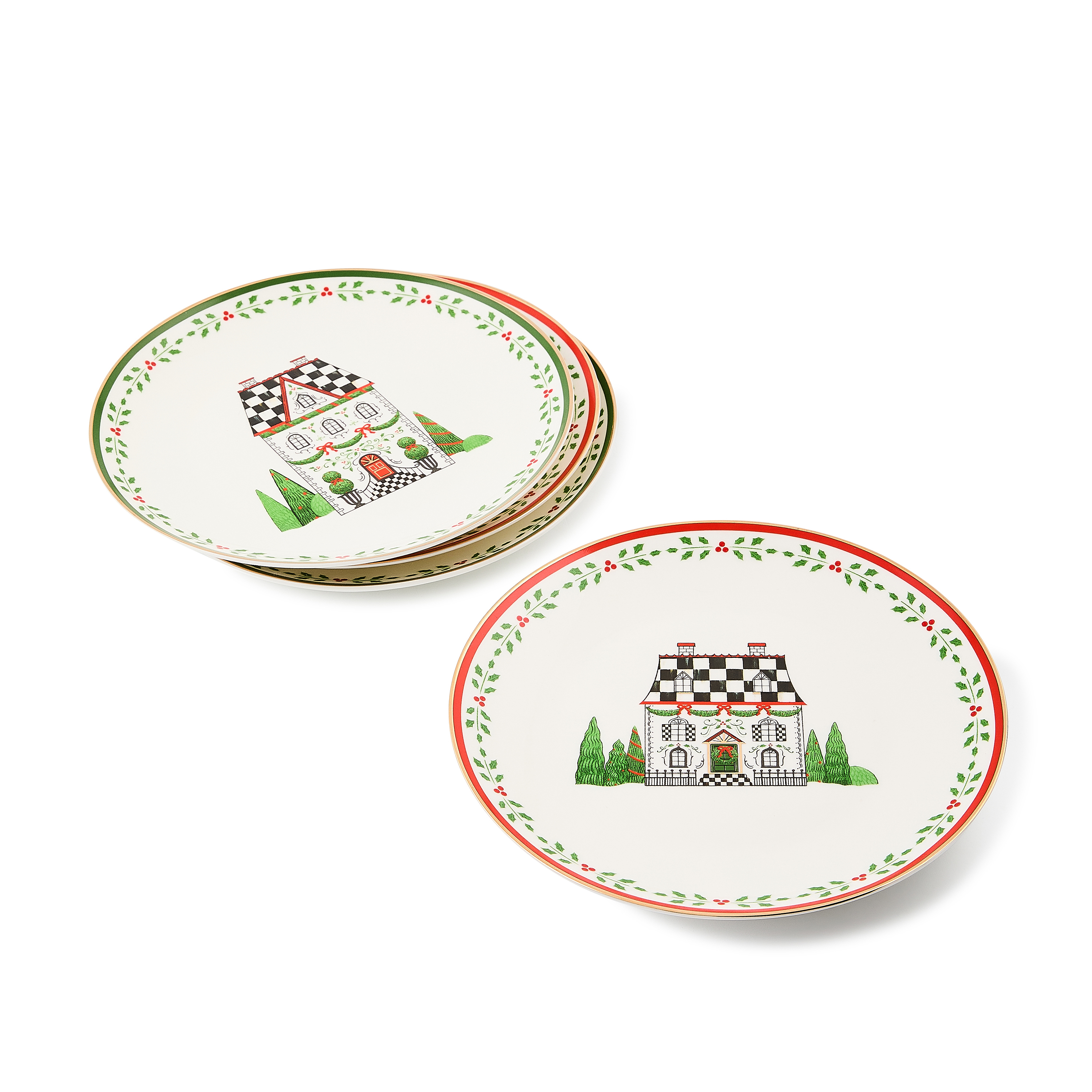 Holly Village Ceramic Dessert Plates, Set of 4