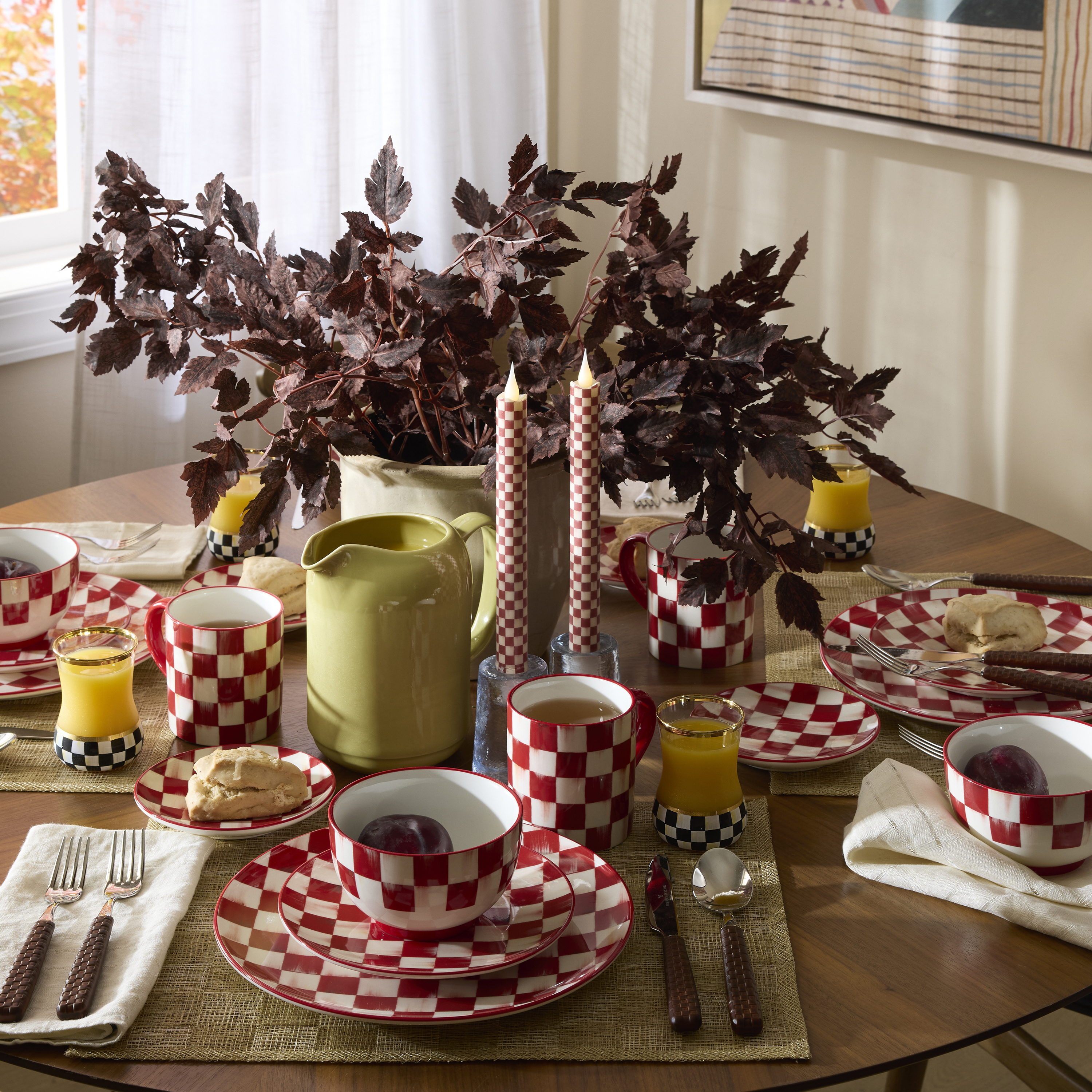 Cherry Check Flameless Dinner Candles, Set of 2