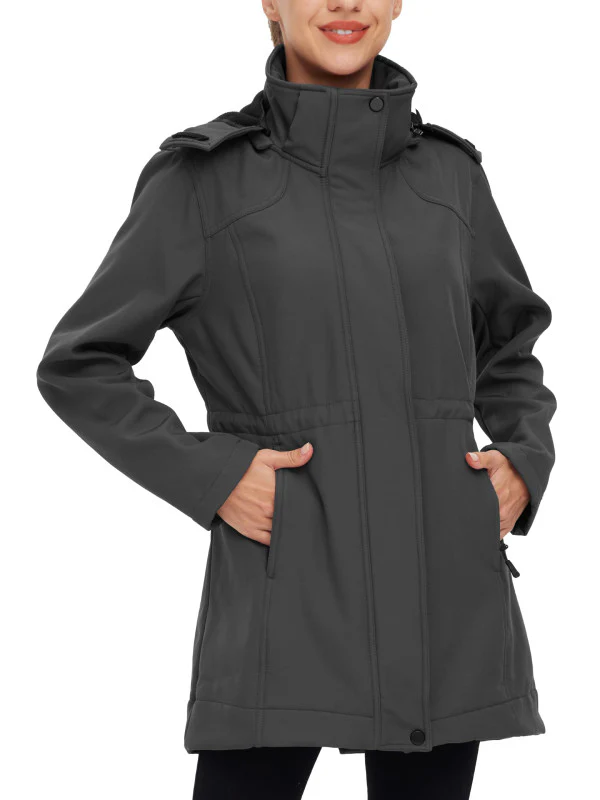 Wantdo Women's Long Softshell Jackets with Hood Fleece Lined Jacket Windbreaker