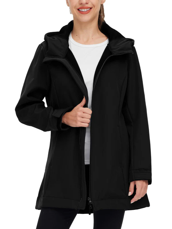 Women's Softshell Jackets Waterproof Fleece Lined Windbreaker Jacket Hooded Windproof Jacket Warm Long Coat