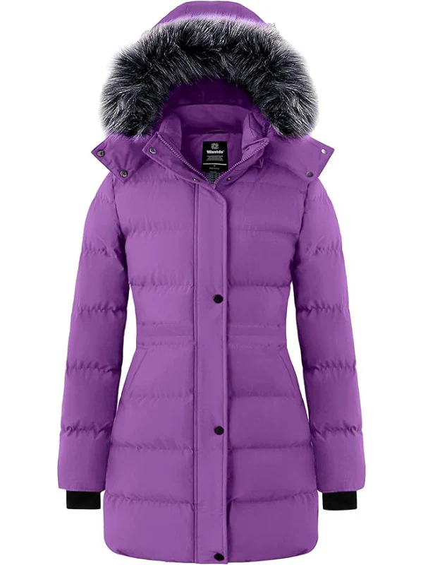 Women's Winter Coats Quilted Puffer Jacket Padded Parka with Fur Hood Recycled Fabric