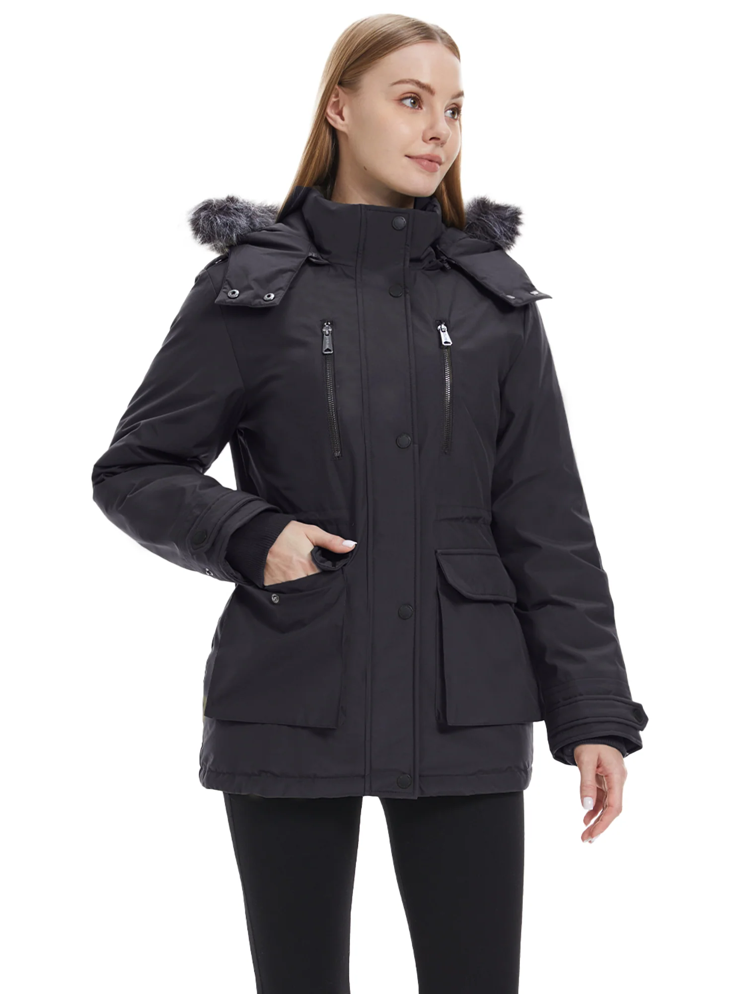 Wantdo Women's Waterproof Jacket Insulated Winter Coat Winter Puffer Coat with Removable Faux Fur Hood