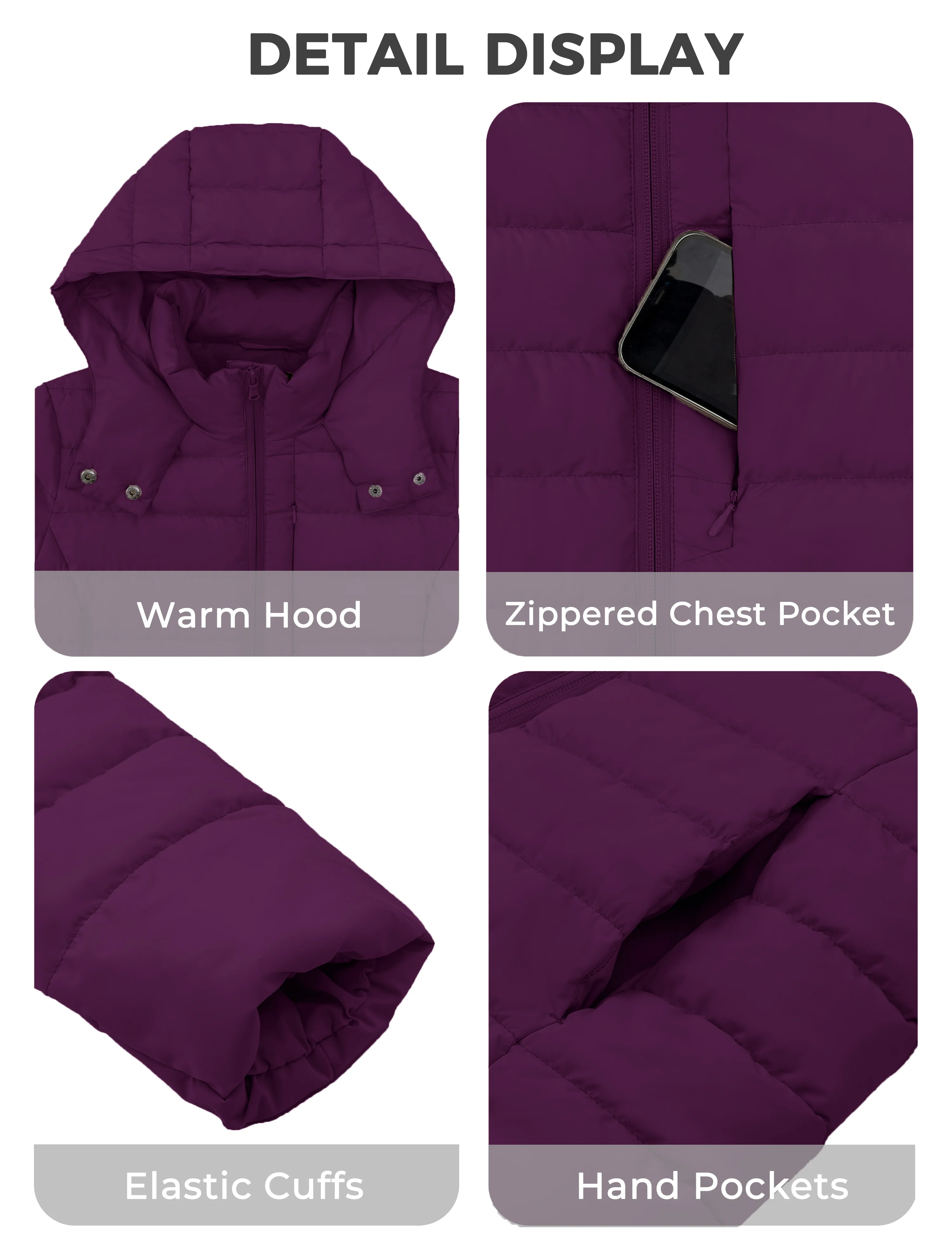 Women's Lightweight Warm Winter Coat Full-Zip Puffer Jacket with Hood