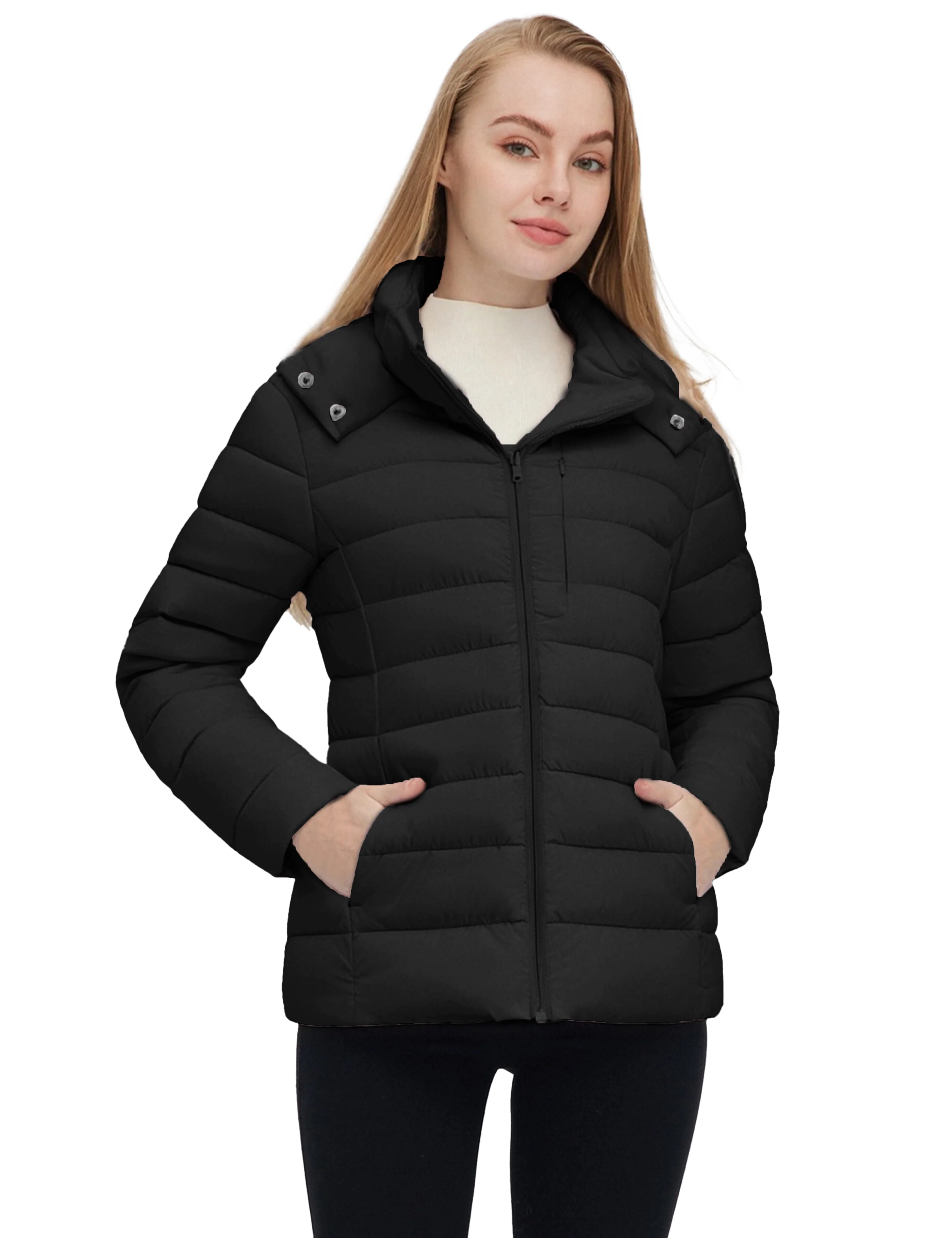 Women's Lightweight Warm Winter Coat Full-Zip Puffer Jacket with Hood