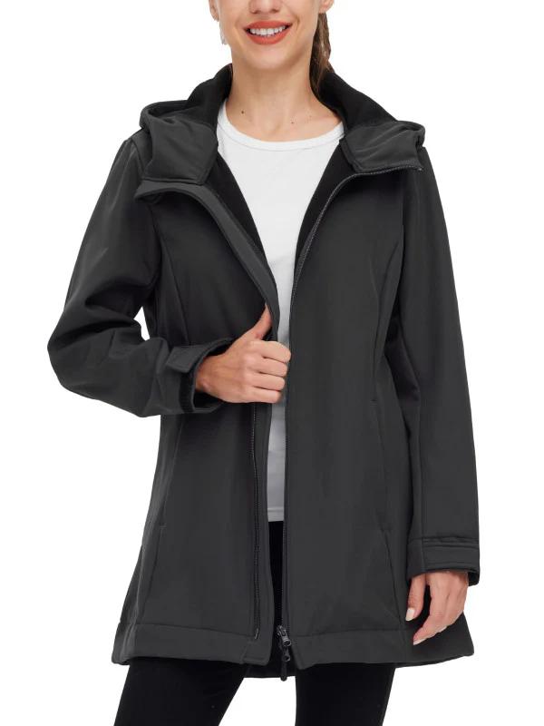 Women's Softshell Jackets Waterproof Fleece Lined Windbreaker Jacket Hooded Windproof Jacket Warm Long Coat