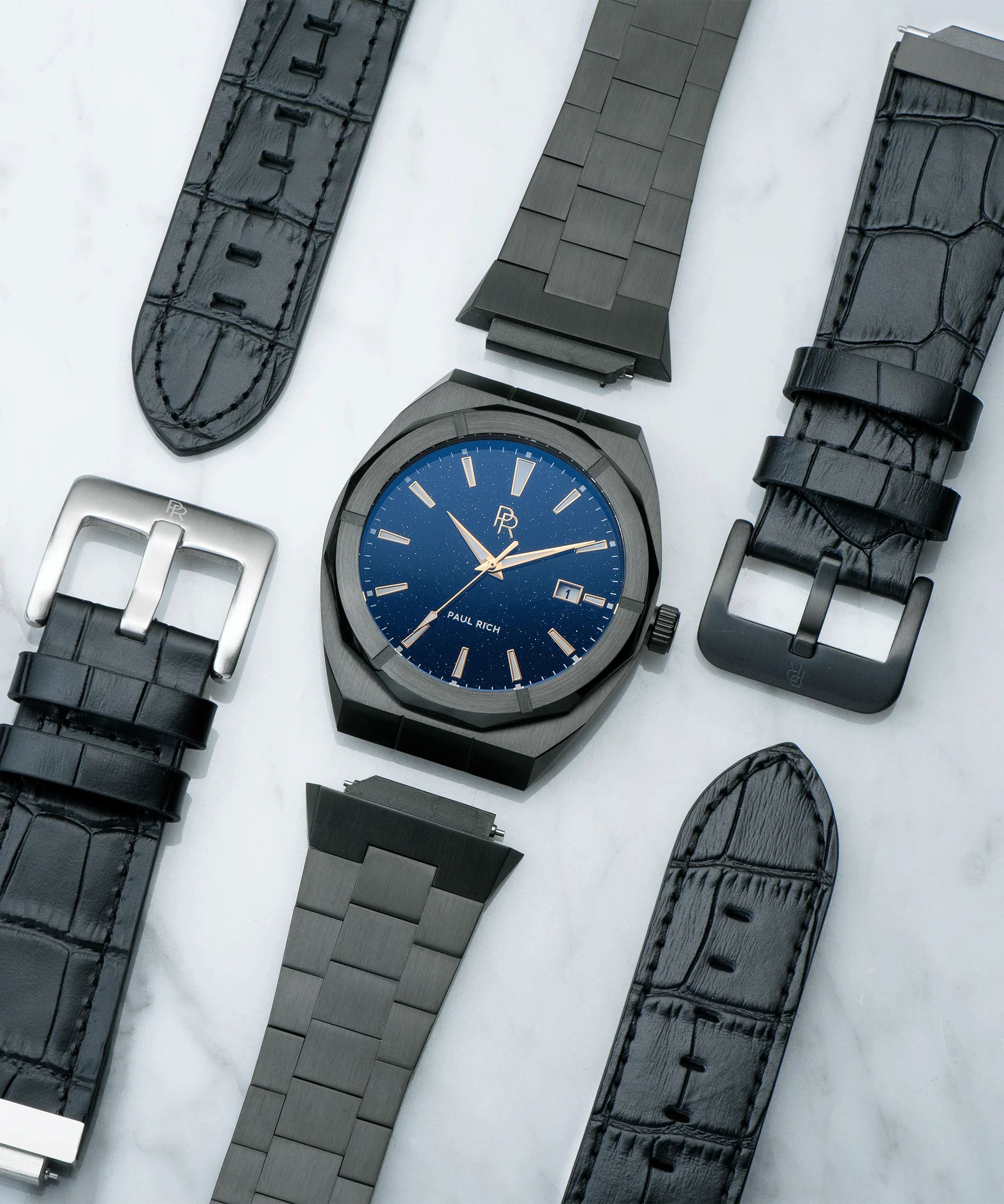 Star Dust I Leather Watchband Black