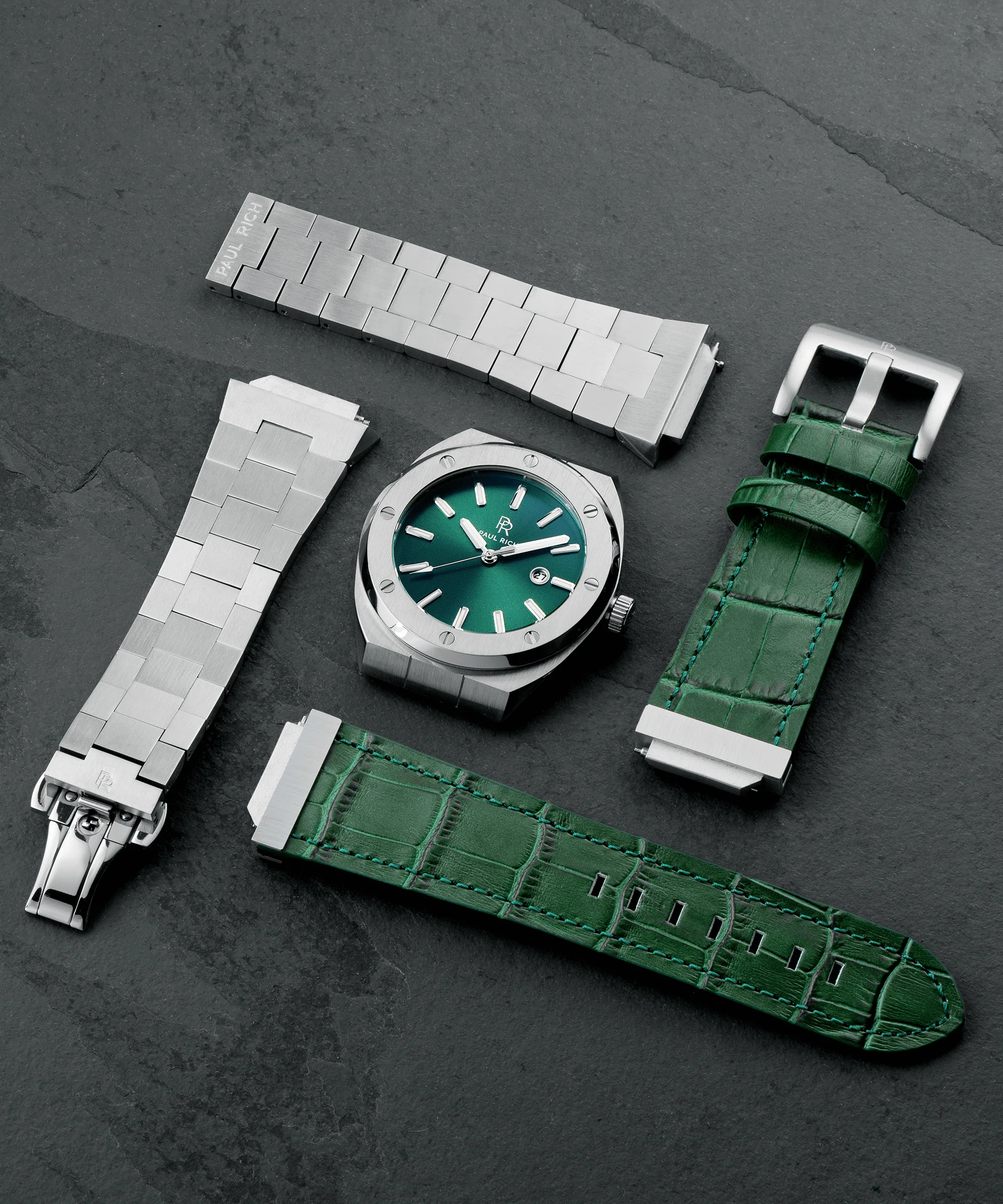 Star Dust I Green Silver Leather Watchband