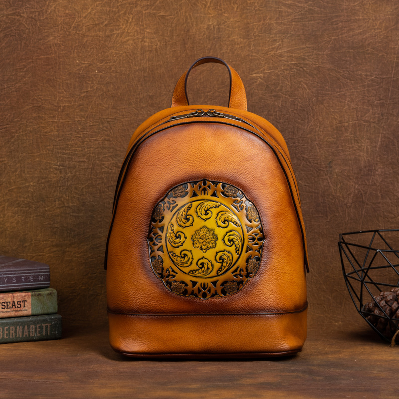 Vintage Embossed Medallion Leather Backpack