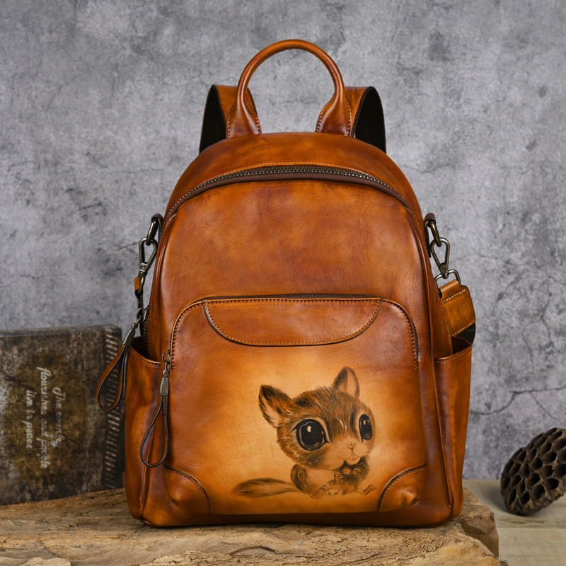 Vintage Embossed Squirrel Leather Backpack