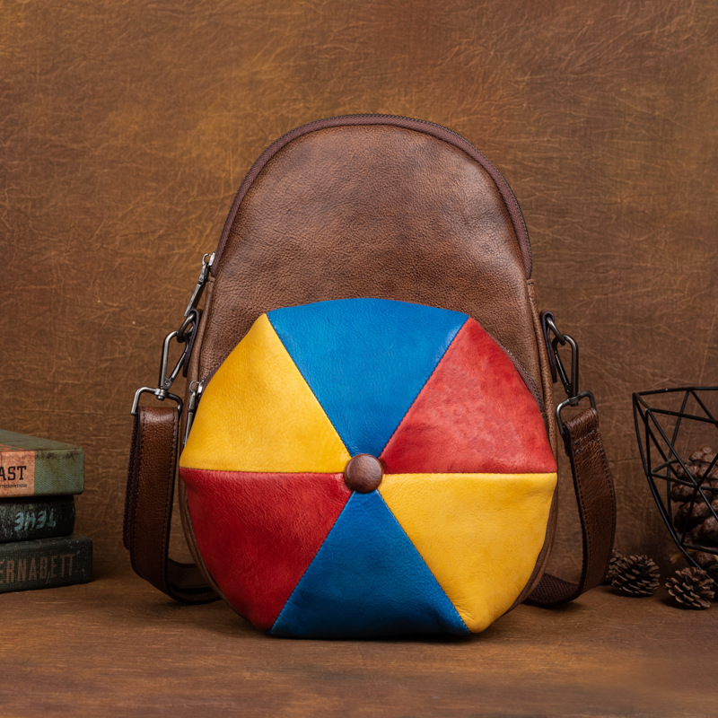Vintage Color-Block Round Pocket Leather Crossbody Bag
