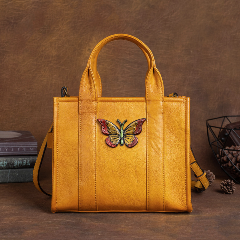 Vintage Yellow Leather Tote Bag with 3D Butterfly Accent
