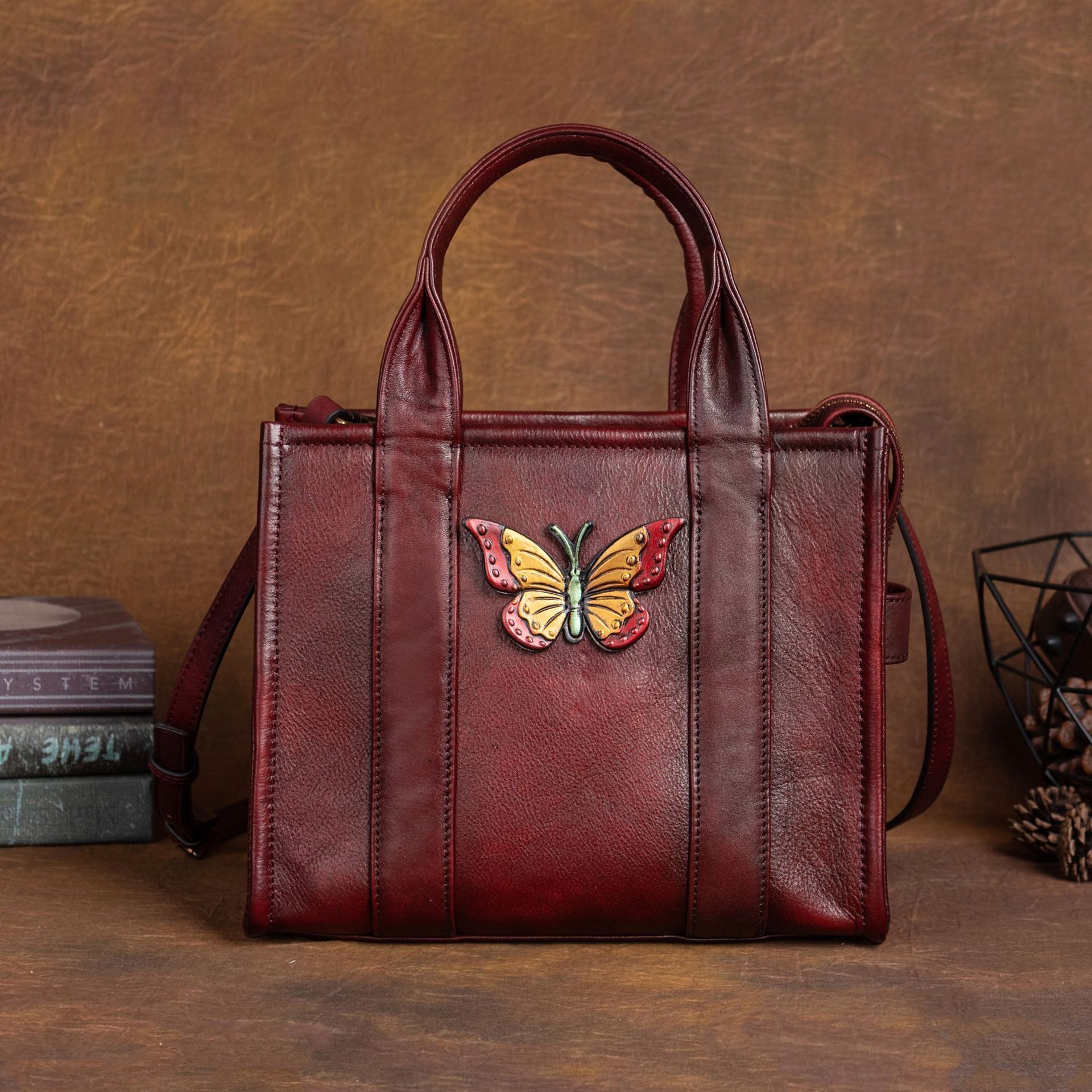 Vintage Embossed Butterfly Leather Tote & Crossbody Bag
