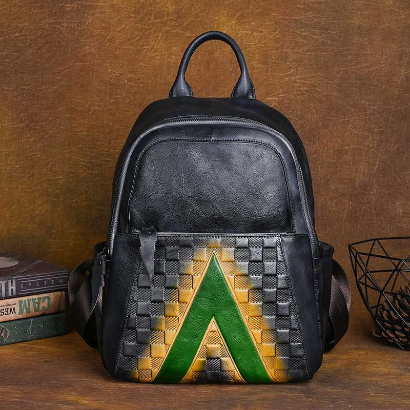 Vintage Woven Leather Backpack with Green V Accent