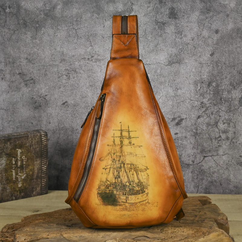 Vintage Sailboat Art Leather Sling Backpack