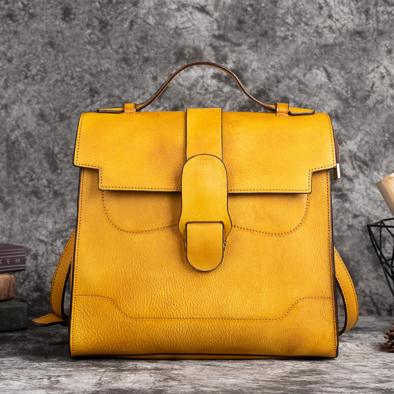 Vintage Yellow Structured Leather Backpack Tote