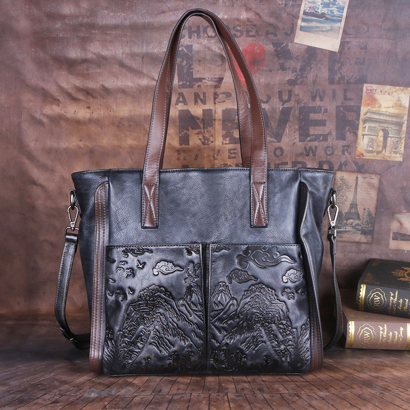 Vintage Embossed Landscape Leather Tote Bag