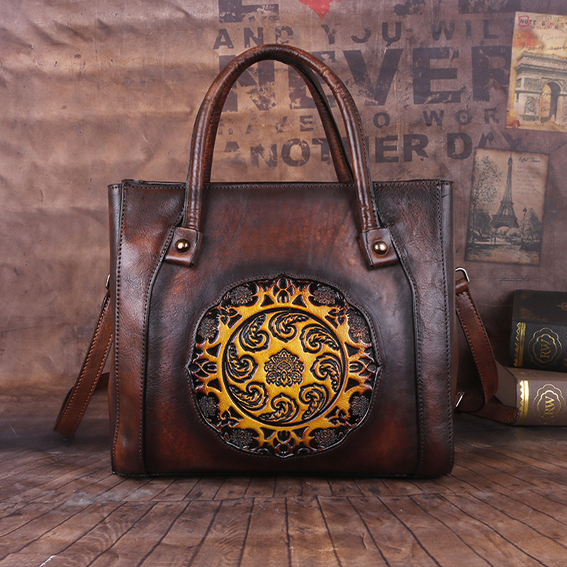 Vintage Embossed Medallion Leather Tote & Crossbody Bag