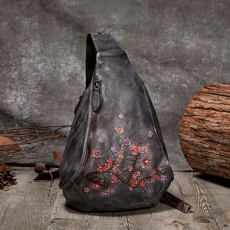 Vintage Floral Embossed Leather Sling Backpack