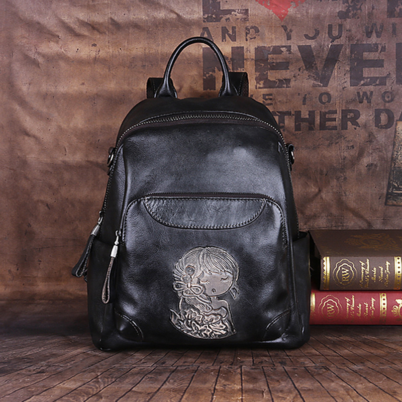 Vintage Embossed Girl Leather Backpack