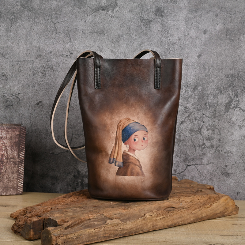 Vintage Artistic Girl with Pearl Earring Leather Tote Bag