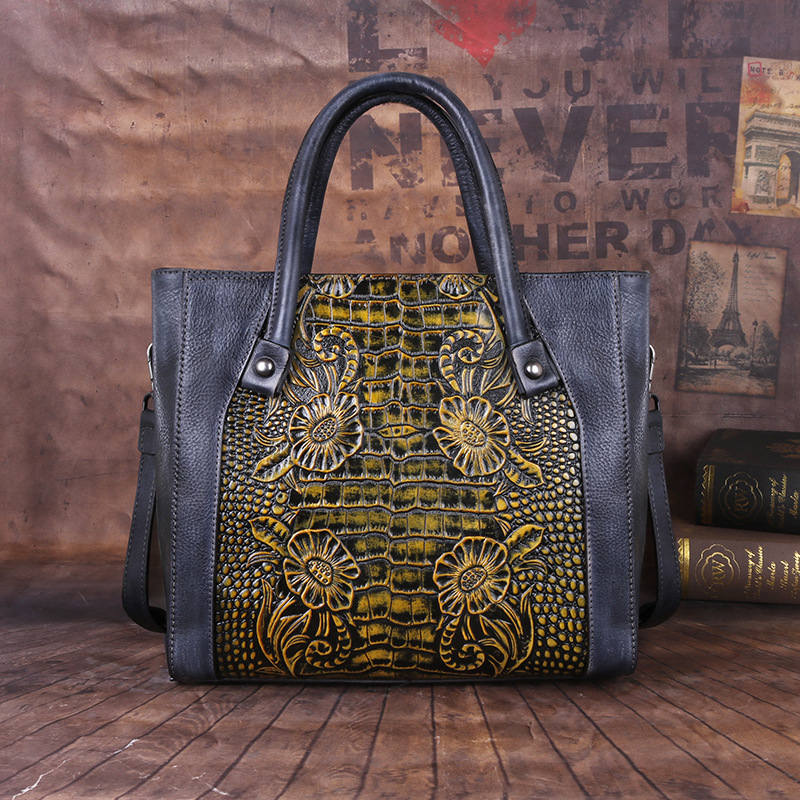 Vintage Croc-Floral Embossed Leather Tote & Crossbody Bag