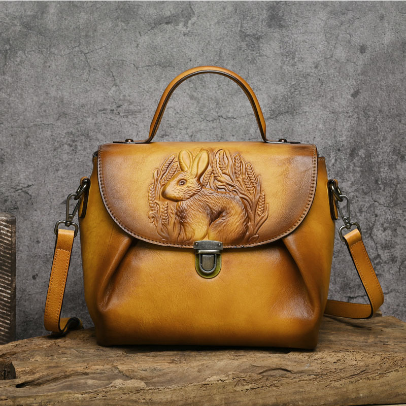 Vintage Embossed Rabbit Leather Satchel & Crossbody Bag