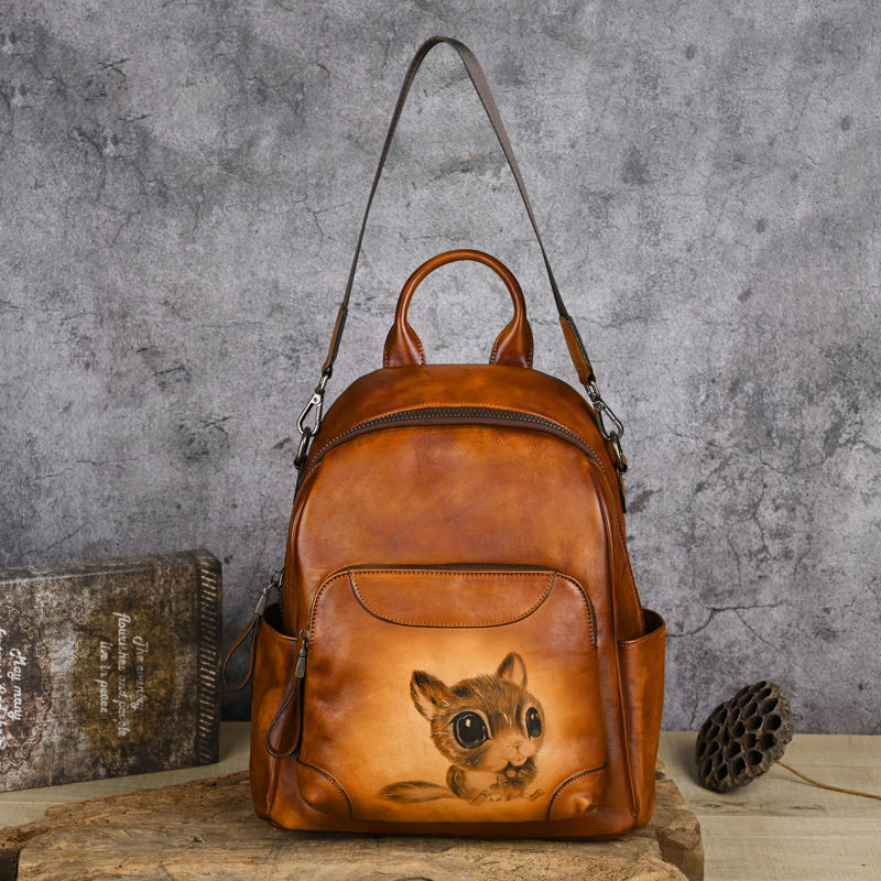 Vintage Embossed Squirrel Multi-Carry Leather Backpack
