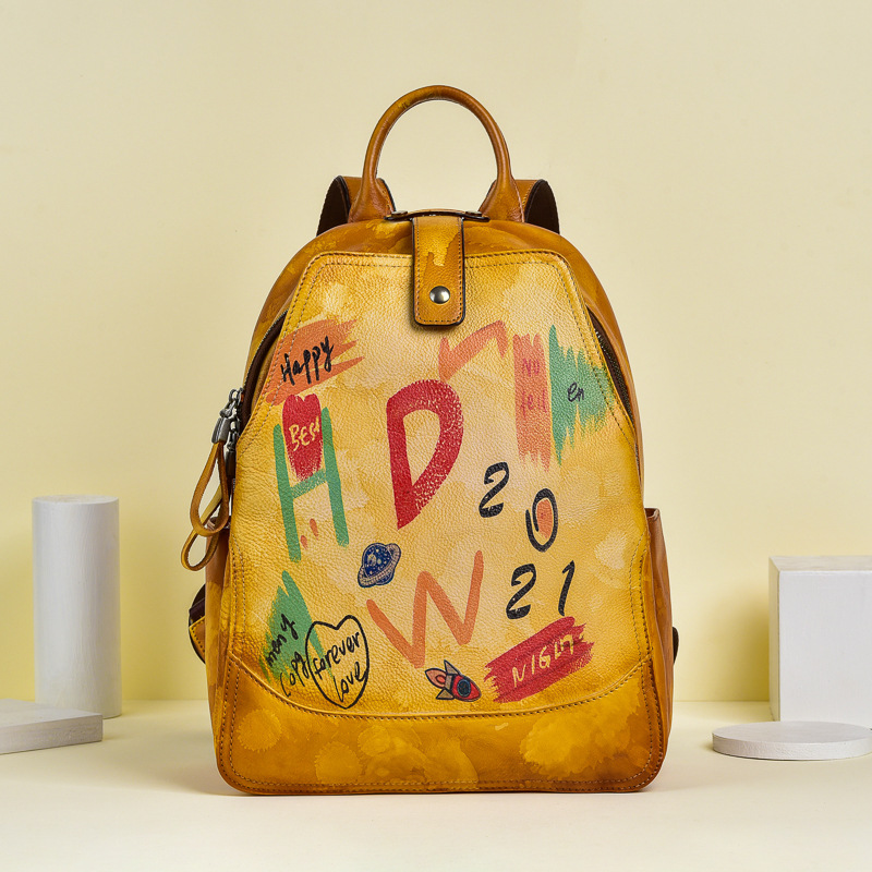 Vintage Yellow Graffiti Leather Backpack