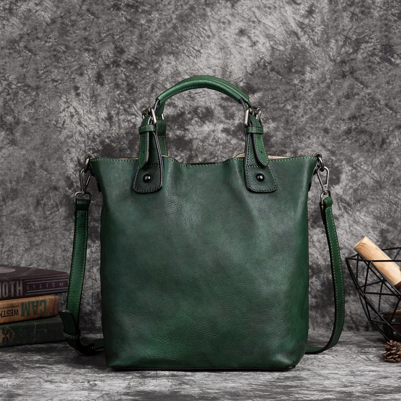 Vintage Green Leather Tote & Crossbody Bag