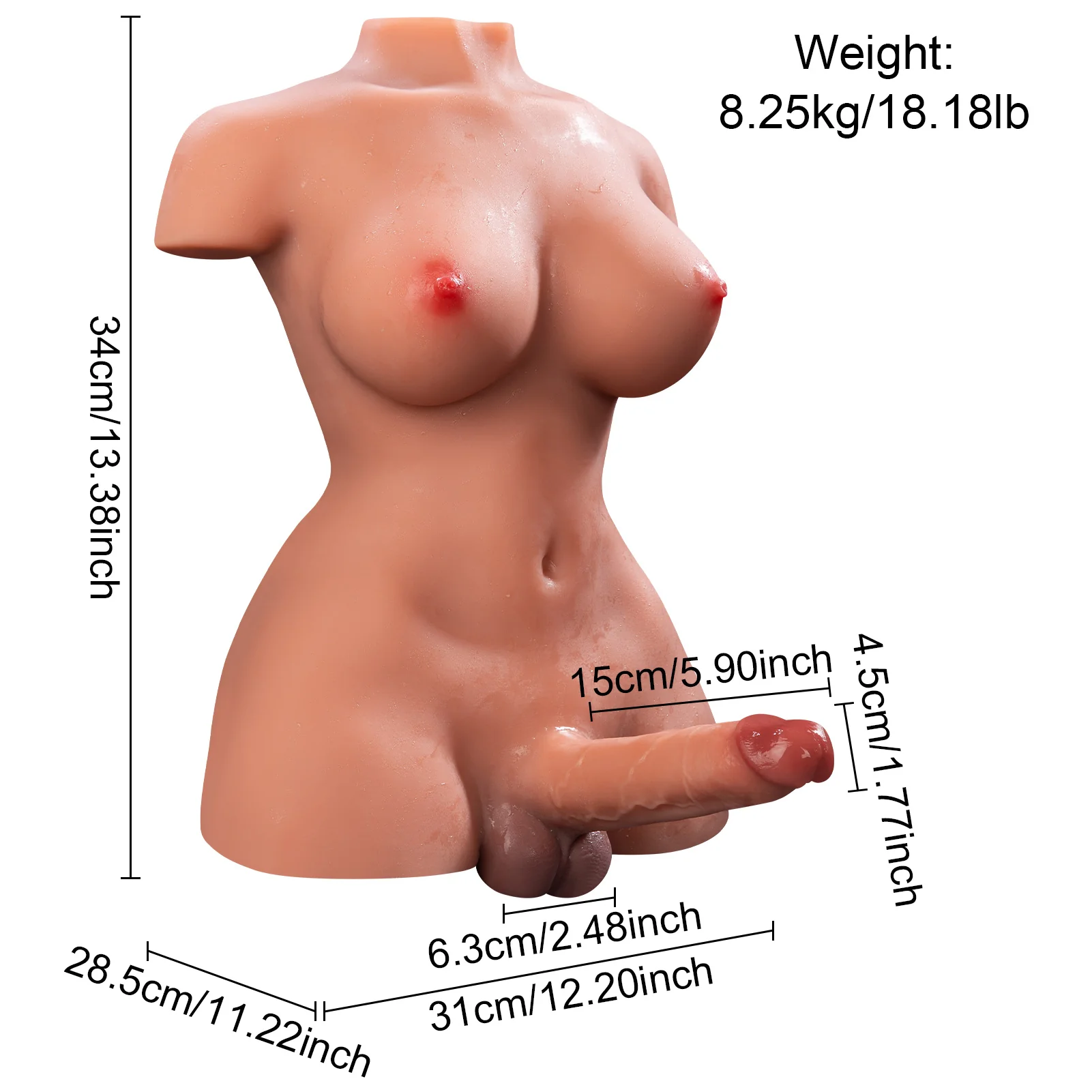 Shemale Sex Doll 7Inch Thrusting & Vibrating Dildo Realistic Big Boobs 24LB - Monsa