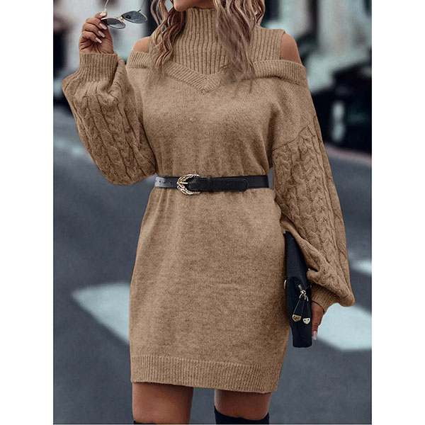 MODE TRUI JURK MET MOCK NECK, OPEN-SCHOUDER EN KABEL LANGE MOUWEN