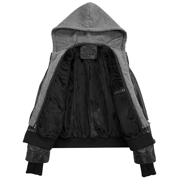 DAMES MOTO BIKER JAS VAN PU KUNSTLEER MET AFNEEMBARE CAPUCHONN GERIBBELDE MANCHET EN PLUCHE VOERING