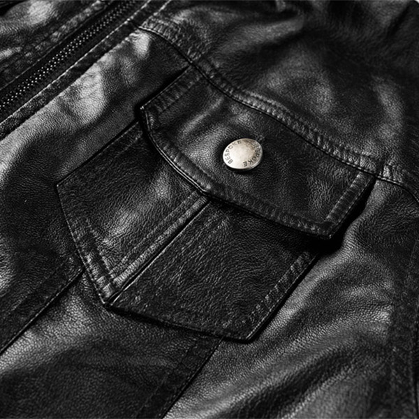 DAMES MOTO BIKER JAS VAN PU KUNSTLEER MET AFNEEMBARE CAPUCHONN GERIBBELDE MANCHET EN PLUCHE VOERING