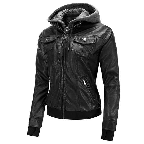 DAMES MOTO BIKER JAS VAN PU KUNSTLEER MET AFNEEMBARE CAPUCHONN GERIBBELDE MANCHET EN PLUCHE VOERING