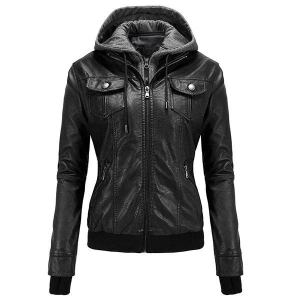 DAMES MOTO BIKER JAS VAN PU KUNSTLEER MET AFNEEMBARE CAPUCHONN GERIBBELDE MANCHET EN PLUCHE VOERING