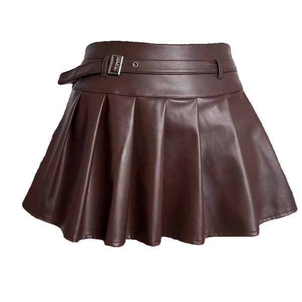 PU-LEDEREN PLISSÉ-MINIROK MET RIEMGESP