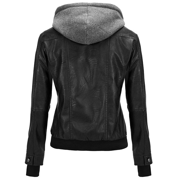 DAMES MOTO BIKER JAS VAN PU KUNSTLEER MET AFNEEMBARE CAPUCHONN GERIBBELDE MANCHET EN PLUCHE VOERING