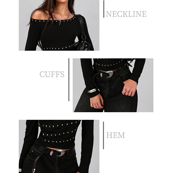 TOP MET KLINKNAGELS EN ASYMMETRISCHE SCHOUDERLIJN