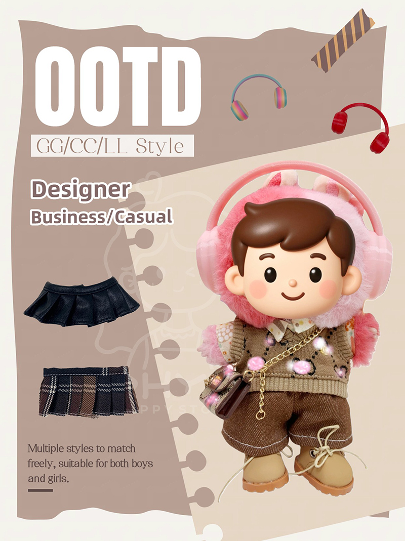 17cm Enamelled Rubber Plush Doll Clothes, Backpack and Glasses - Compatible with v1, v2, v3