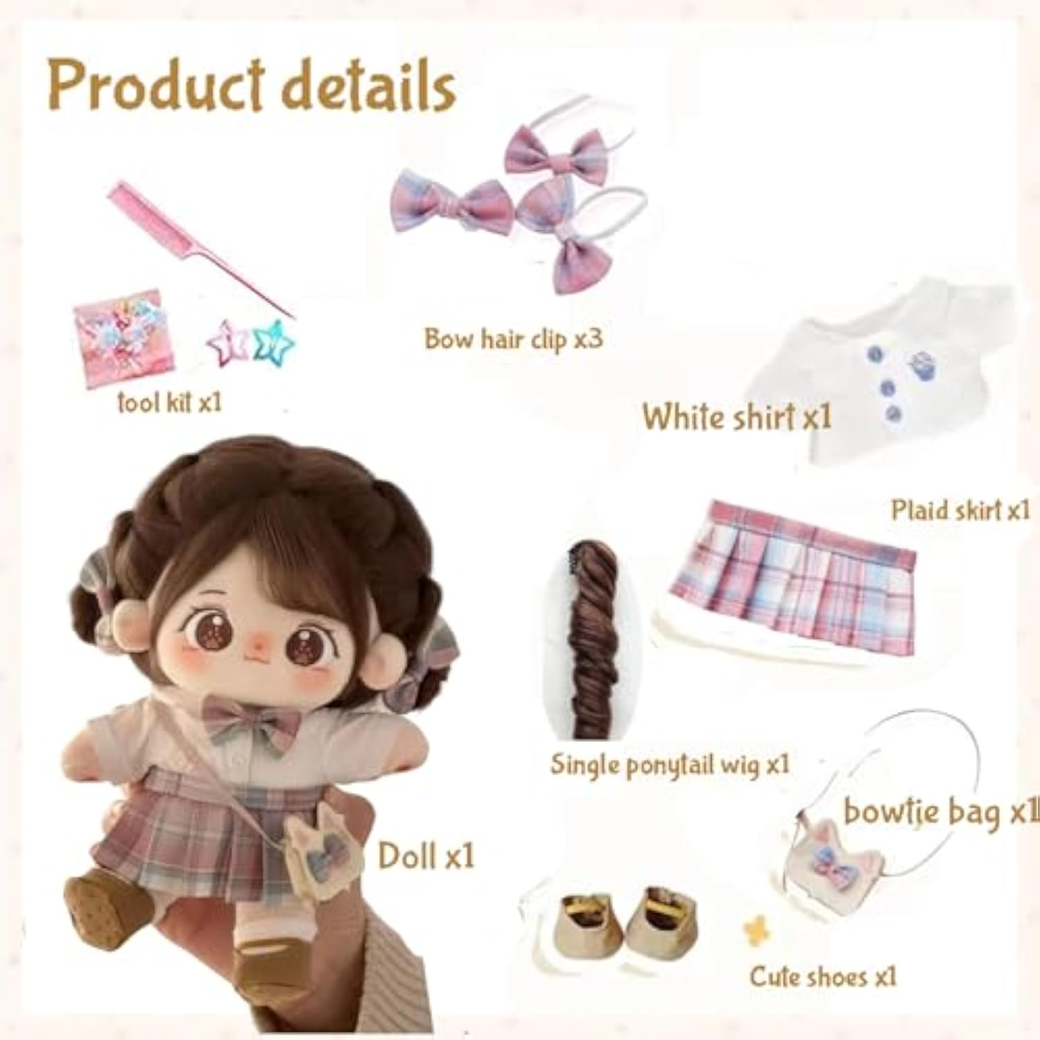 20cm Plush Doll Cotton Doll with Clothing Set,Kawaii Soft Stuffed Dress Up Dolls with Wig Cute Long Hair Cotton Doll for Girl Birthday Gift